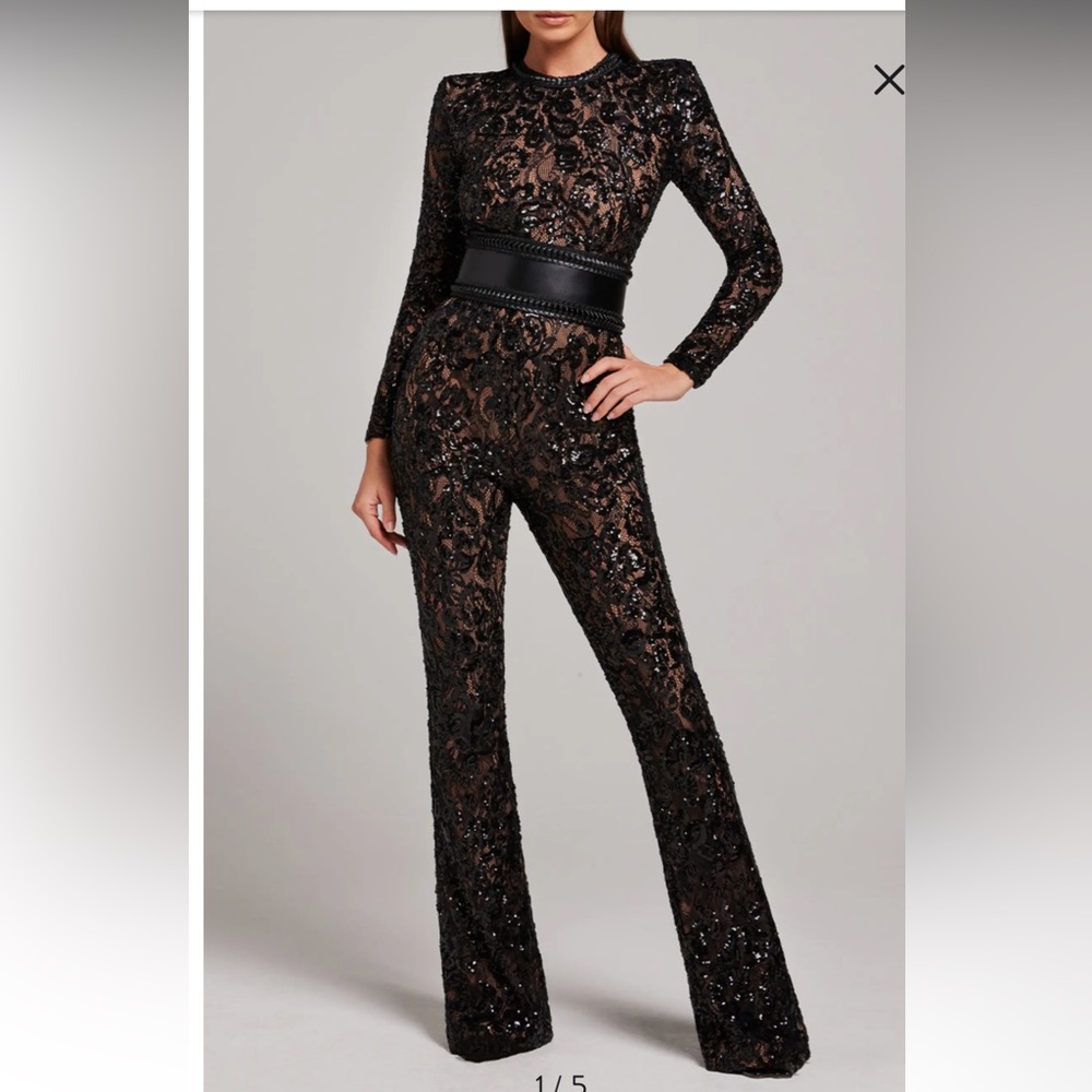Nadine Merabi Bella Long Sleeve Beaded Lace Jumpsuit